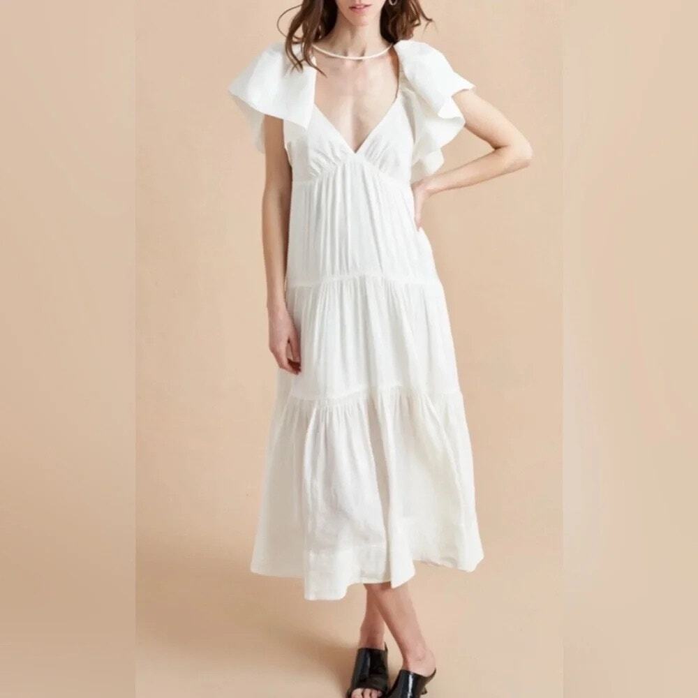 La Ligne Stella Maxi Dress S Ivory Cream Linen Ruffle Sleeve Open Back Tiered